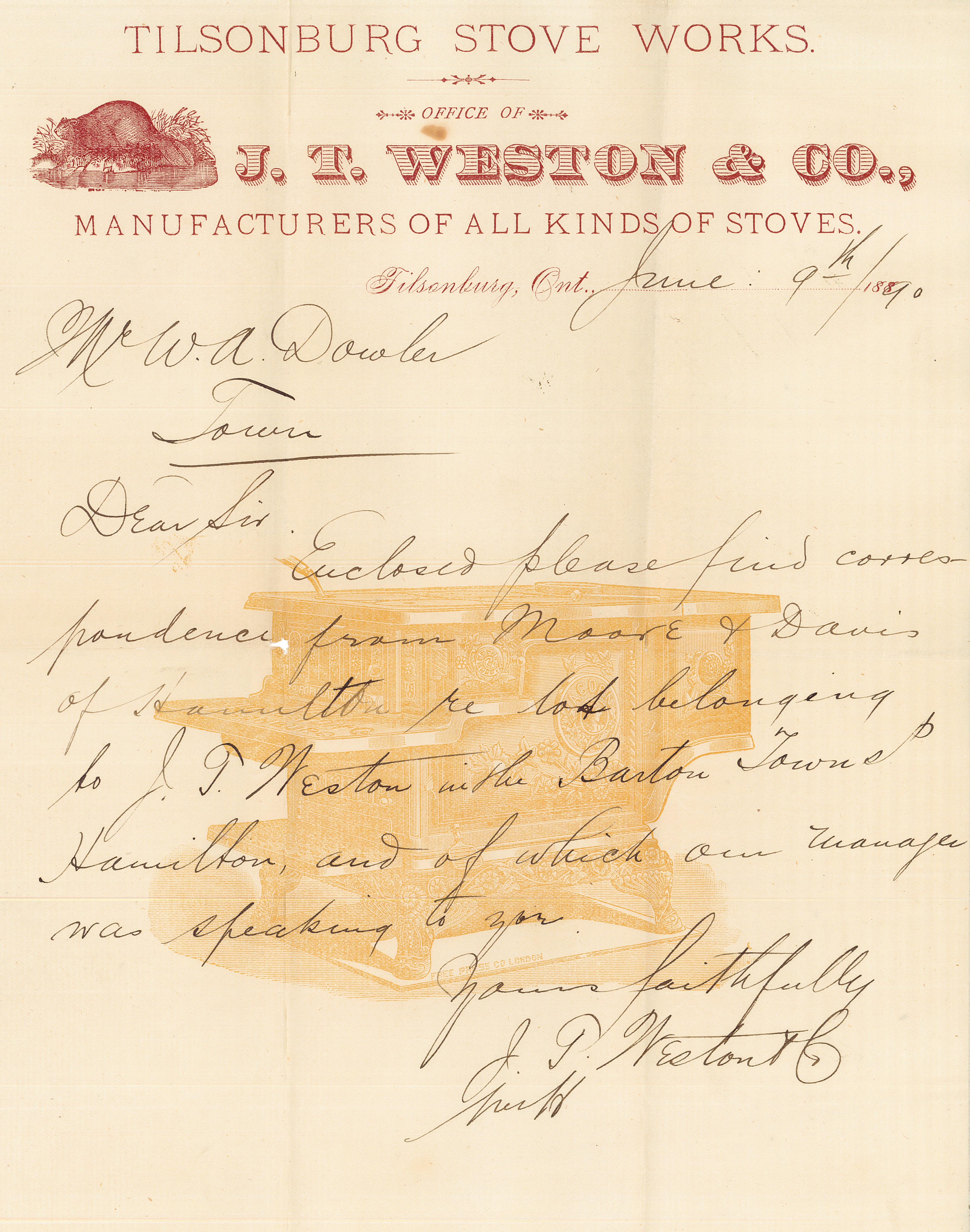 Letterhead from J.T. Weston & Co. Letterhead features a picture of a beaver and a stove.