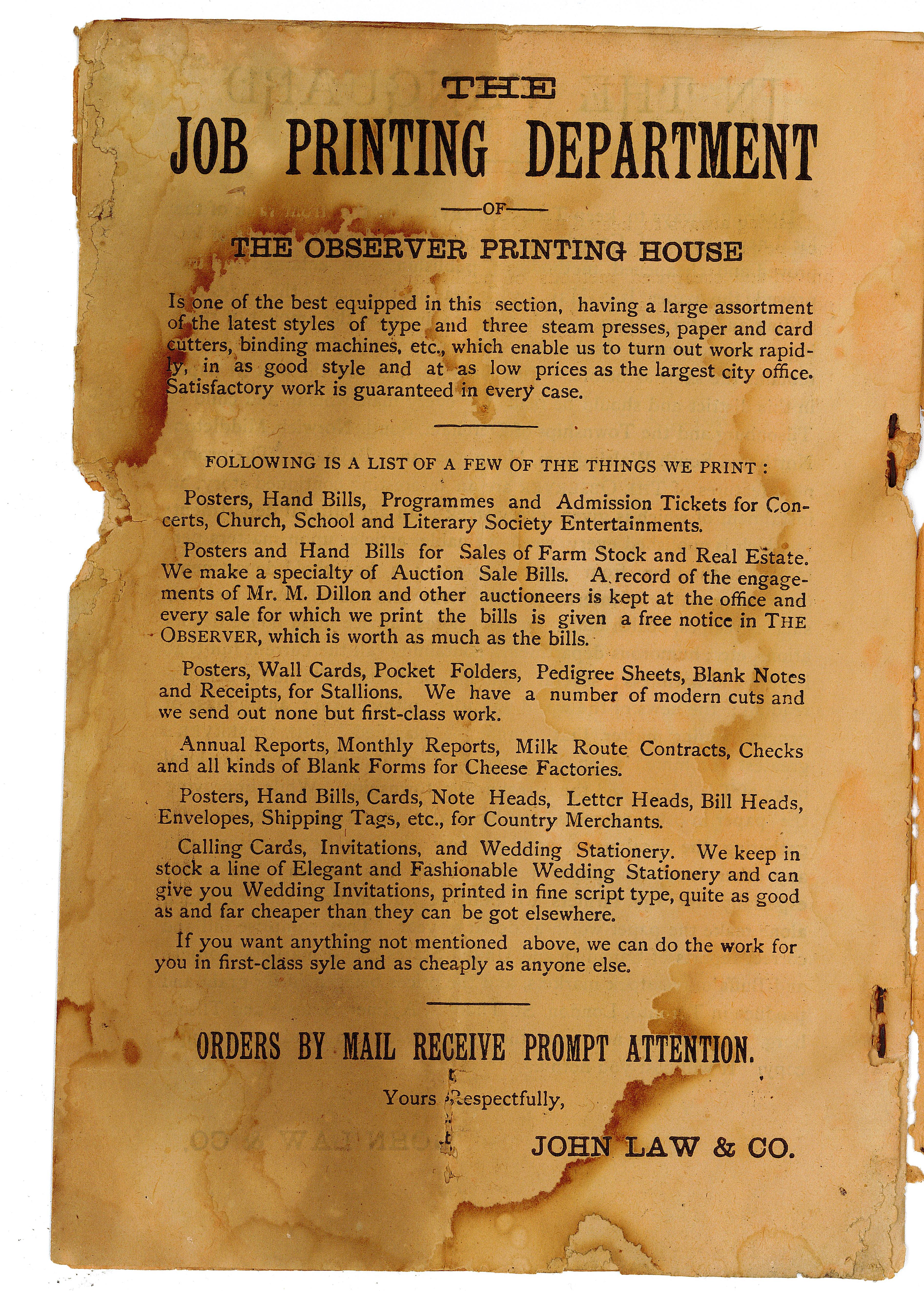 Advertisement printed on paper for the Observer Printing House. Paper is stained and worn. Lists the types of print materials they can produce.