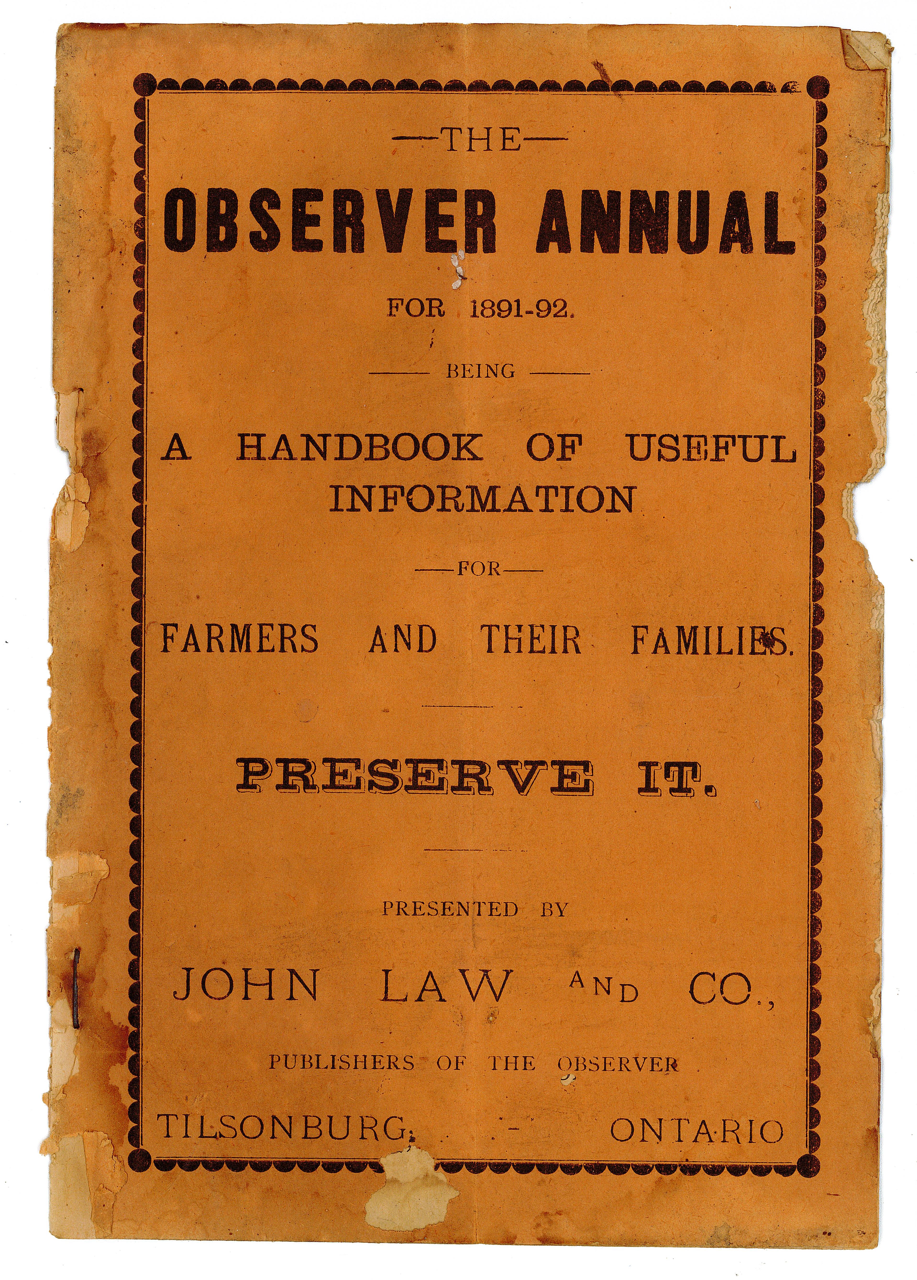 The Observer Annual for 1891-92, handbook of useful information. Printed on orange paper. 