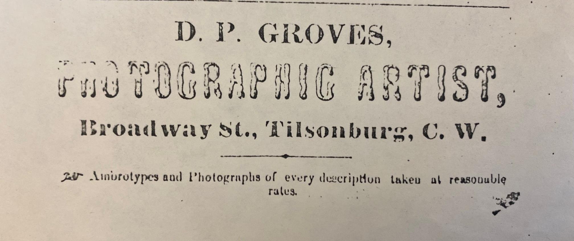 Advertisement for D.P. Groves photography, Broadway Street, Tillsonburg. 