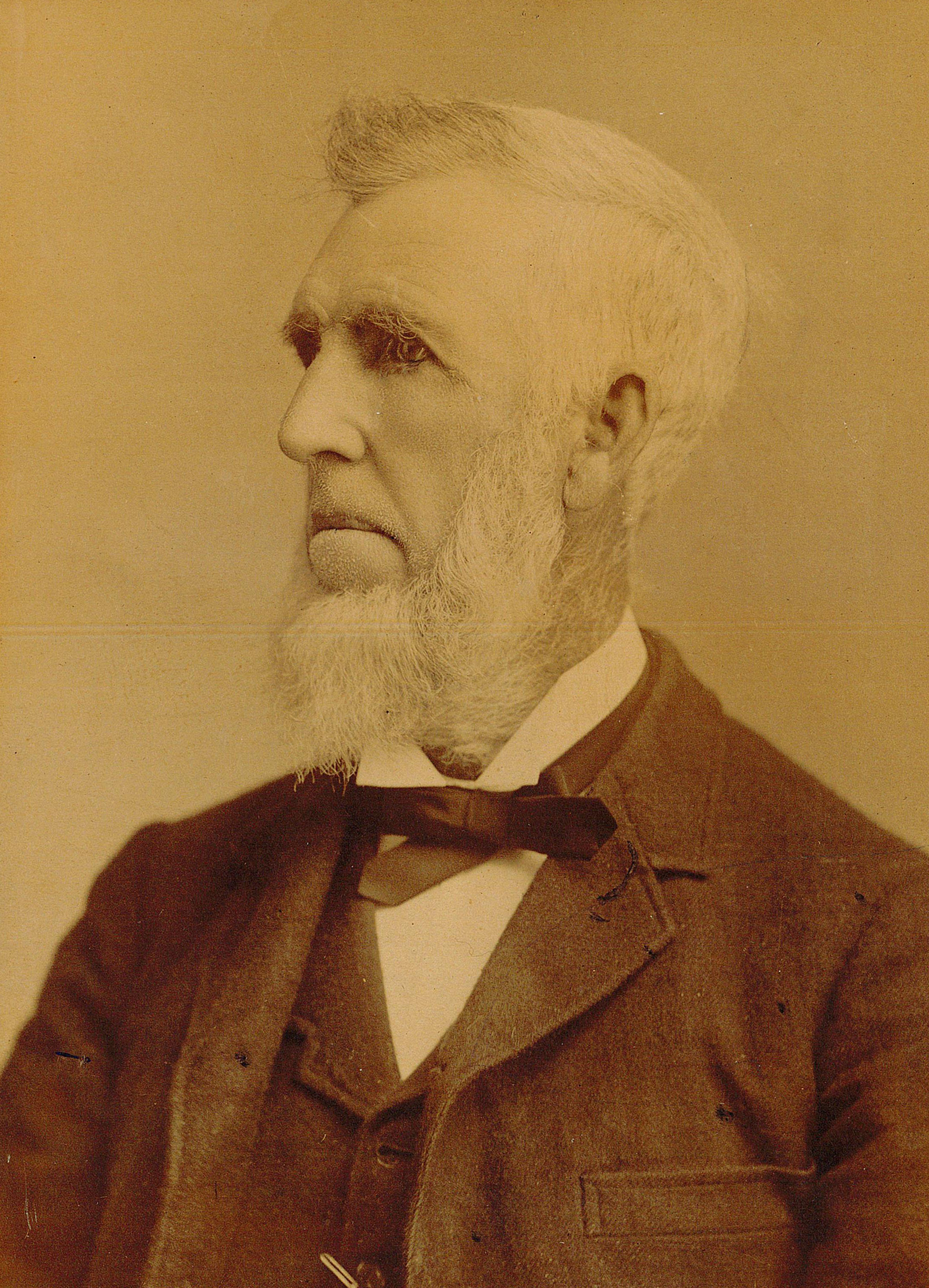 Portrait of E.D. Tillson. Tillson has a large, white, chin strap style beard and is wearing a suit and bowtie.