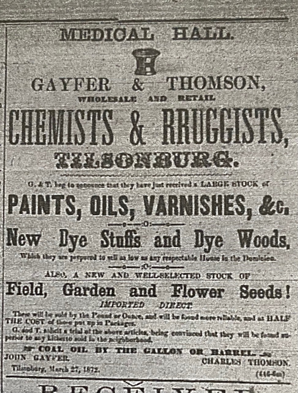 An advertisement for Gayfer & Thomson, chemists & druggists, advertising paints, oils, varnishes, new dye stuffs, dye woods, gardens seeds, coal oil and more.