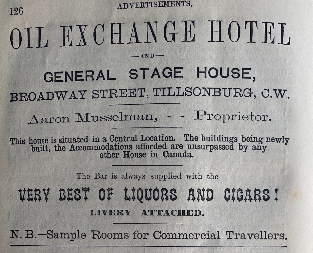 Advertisement for the Oil Exchange Hotel - General stage house, Broadway Street, Tillsonburg. Aaron Musselman, proprietor. 