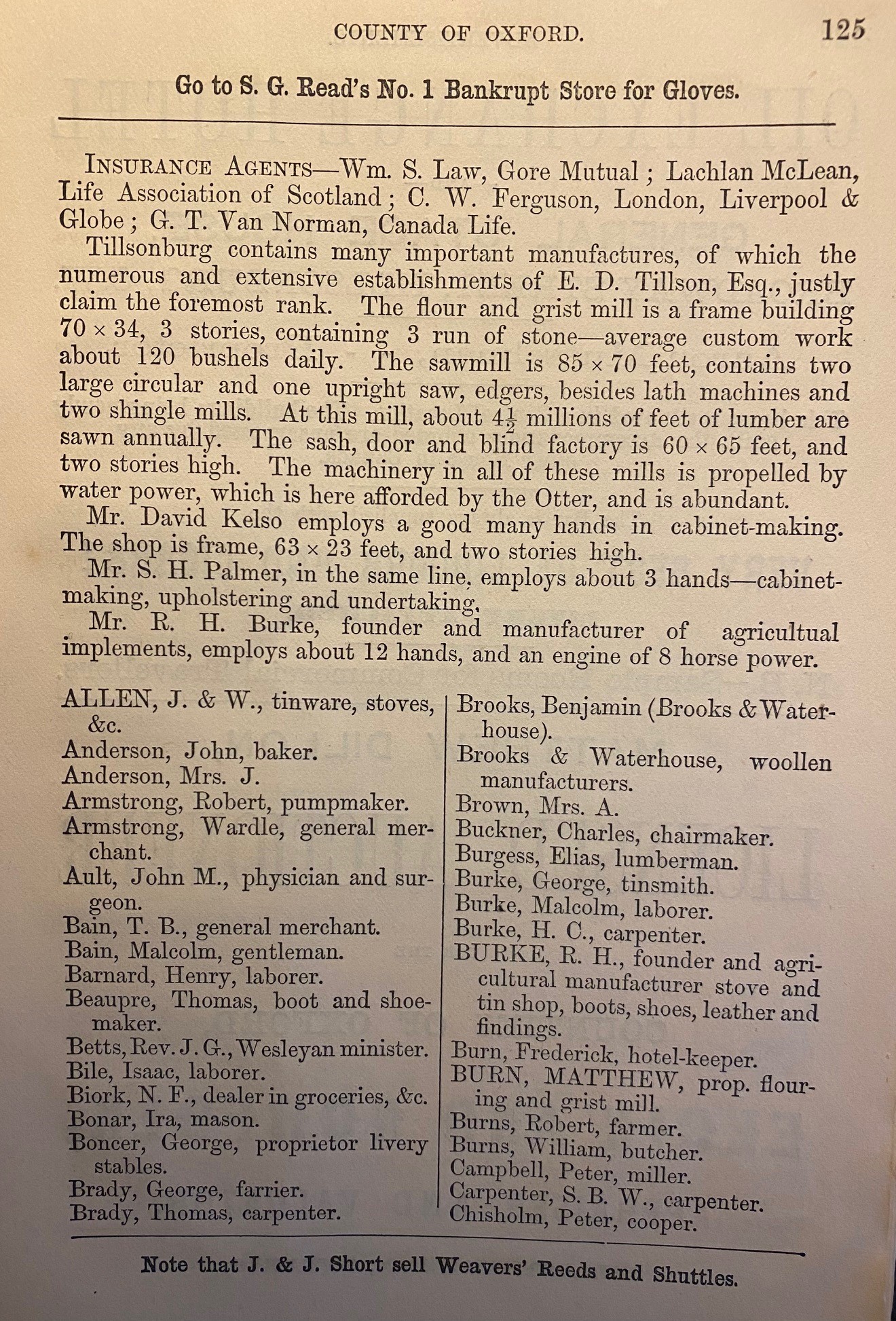 Page from the Oxford County 1870-71 directory featuring R.H. Burke and other business owners.