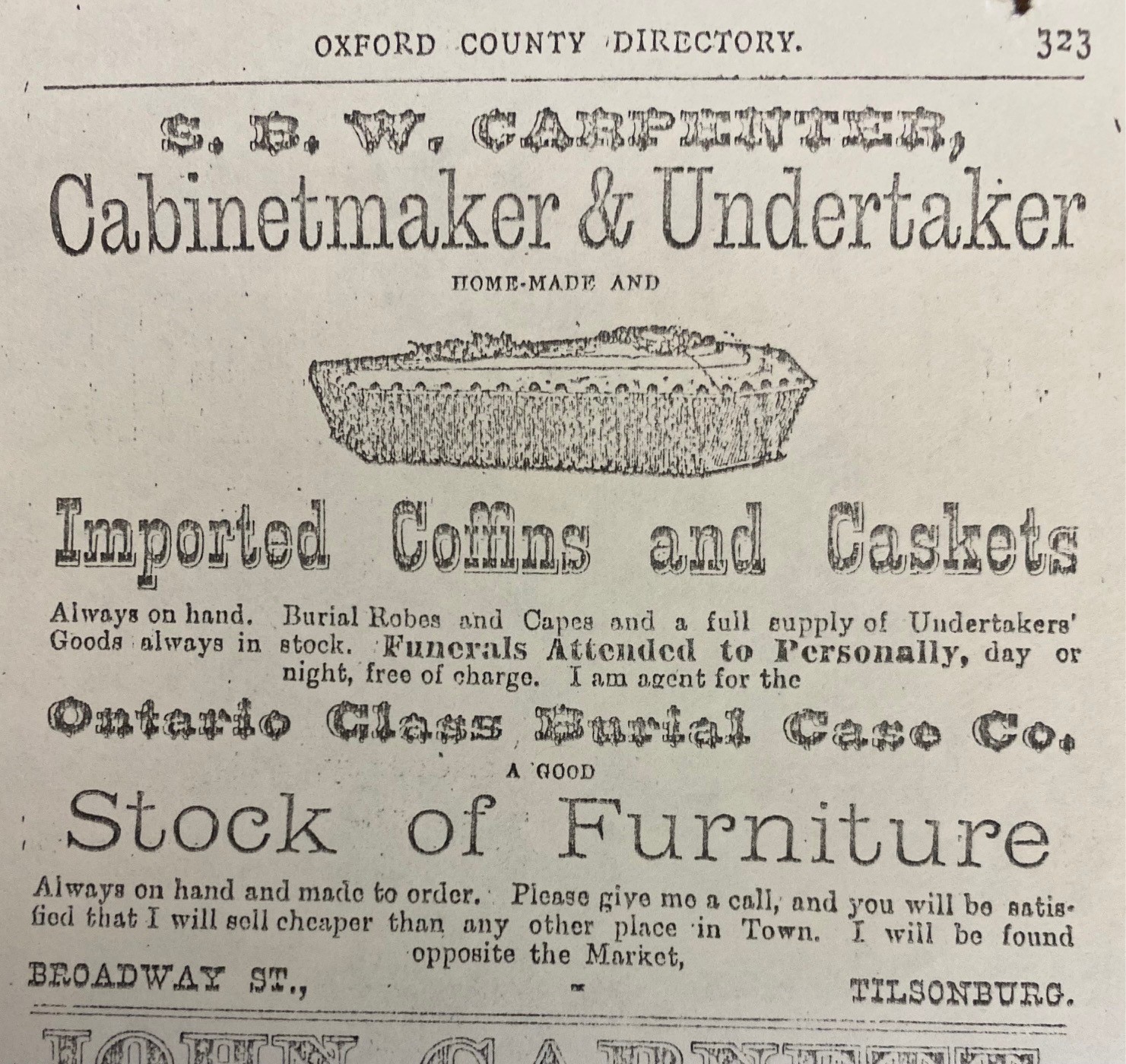 Advertisement for S.B.W. Carpenter, cabinetmaker & undertaker. Includes a picture of a coffin. Advertisement reads: 