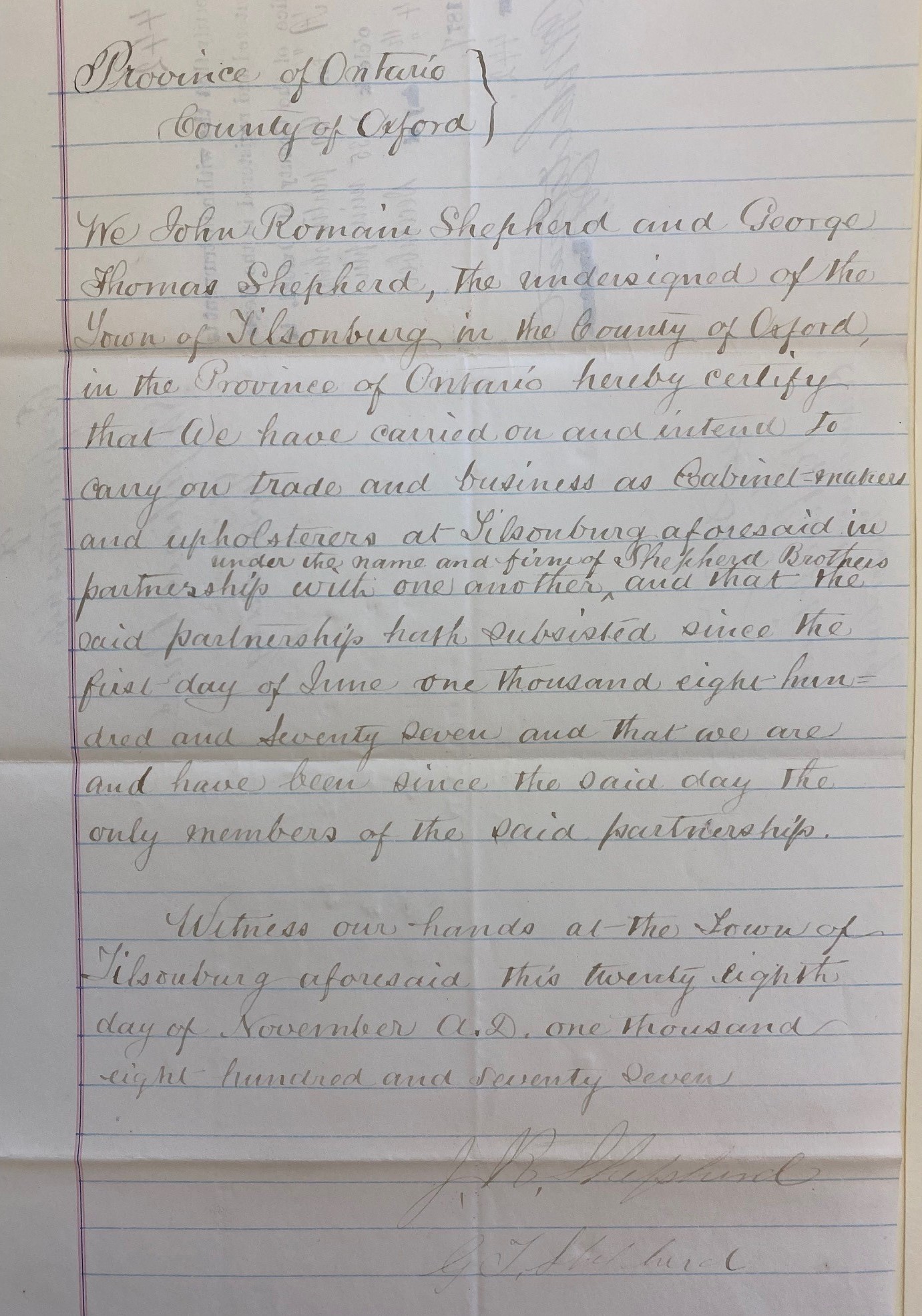 A handwritten declaration of partnership between John Shepherd and George Shepherd in the Town of Tillsonburg.