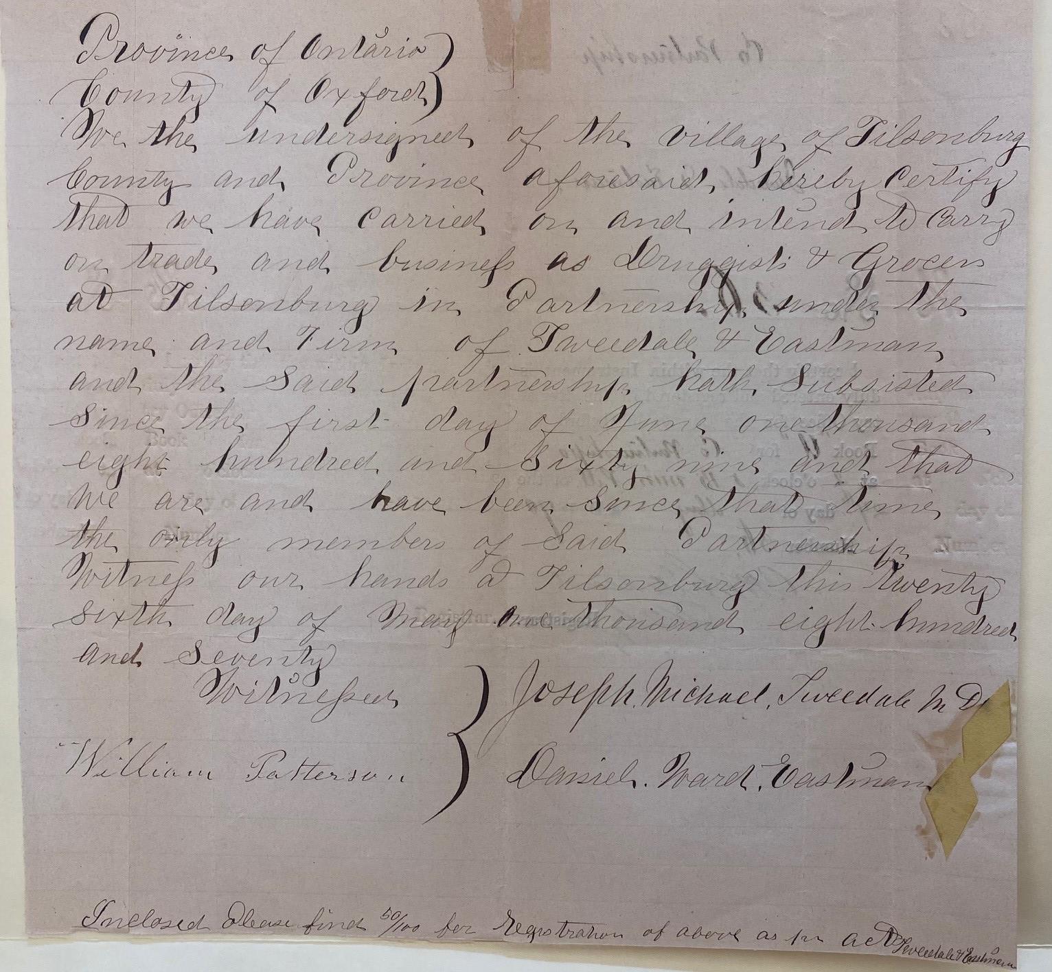 Handwritten declaration of partnership between Joseph Tweedale and Daniel Eastman of Tillsonburg.