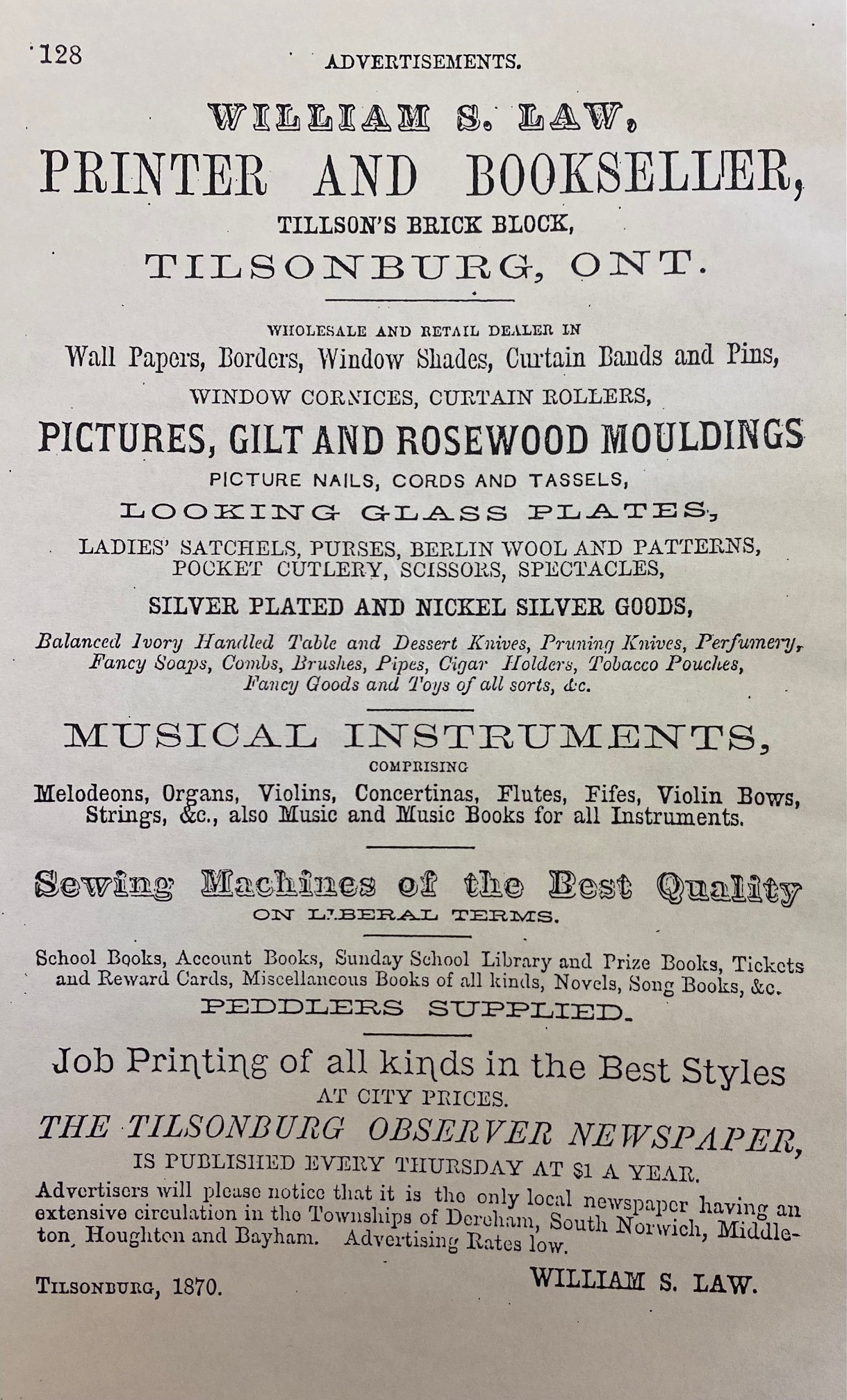 Advertisement for W.S. Law, printer and bookseller. Lists the goods he deals in and the type of printing services he offers.