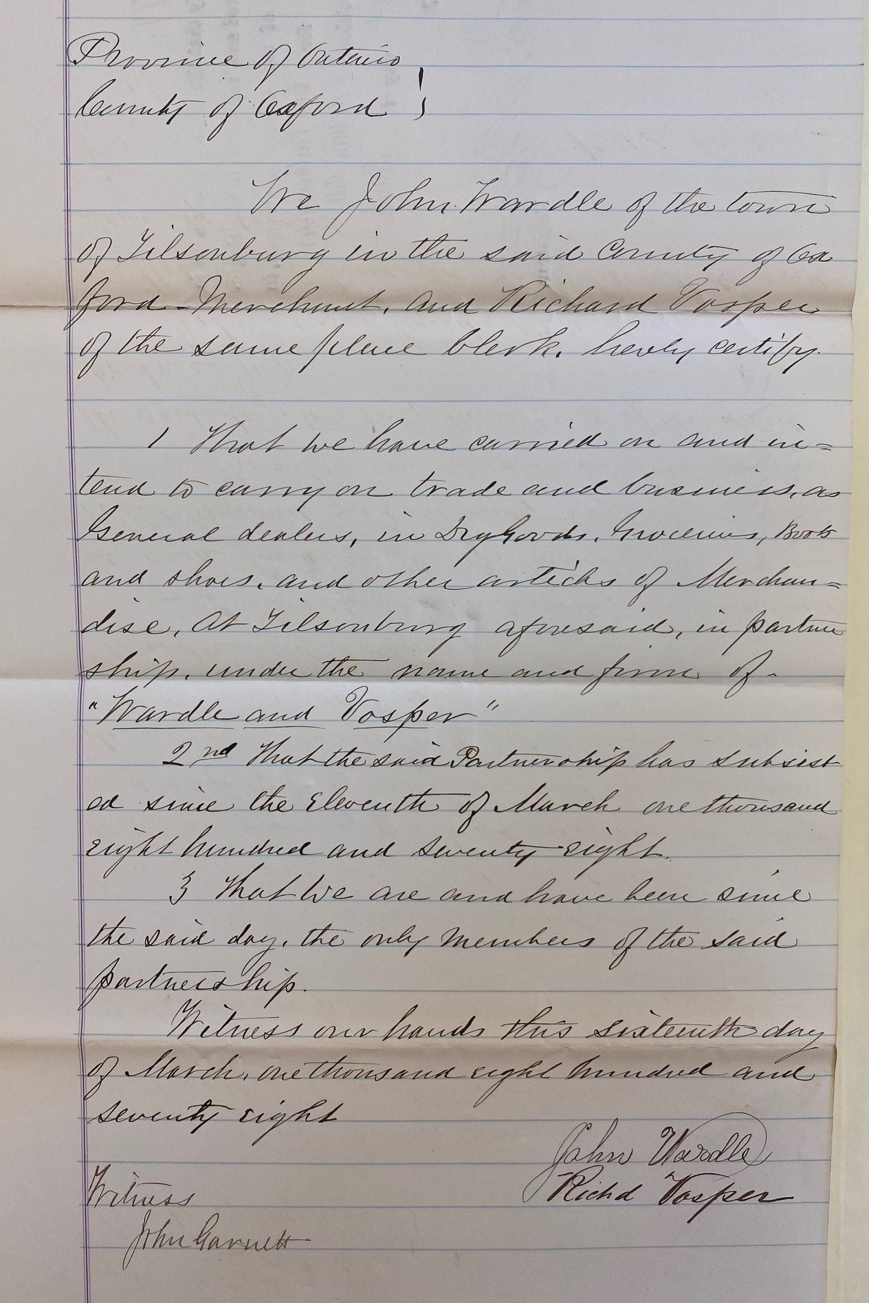 Handwritten declaration of partnership for Wardle & Vosper of Tillsonburg. Signed 1878.
