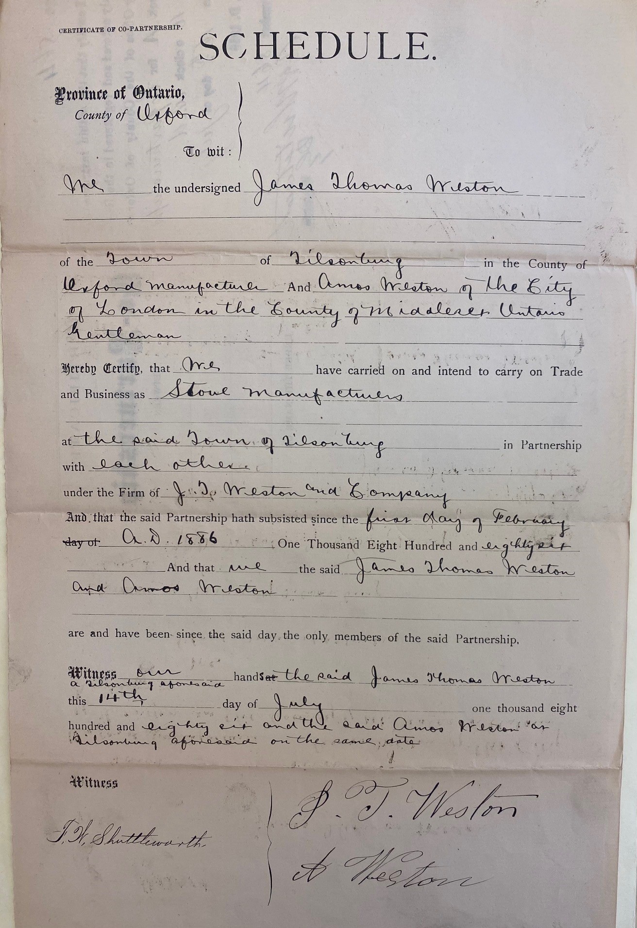 Declaration of partnership form filled out by James Weston and Amos Weston.